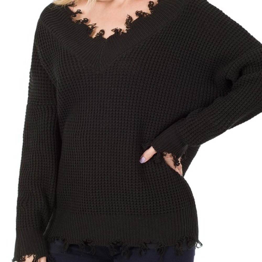 Double V Neck Distressed Waffle Sweater, Black